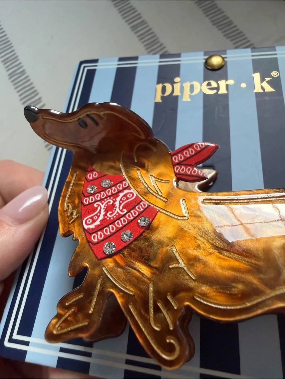 Piper K Amber Tortoiseshell Dachshund Hair Clip with Red Bandana